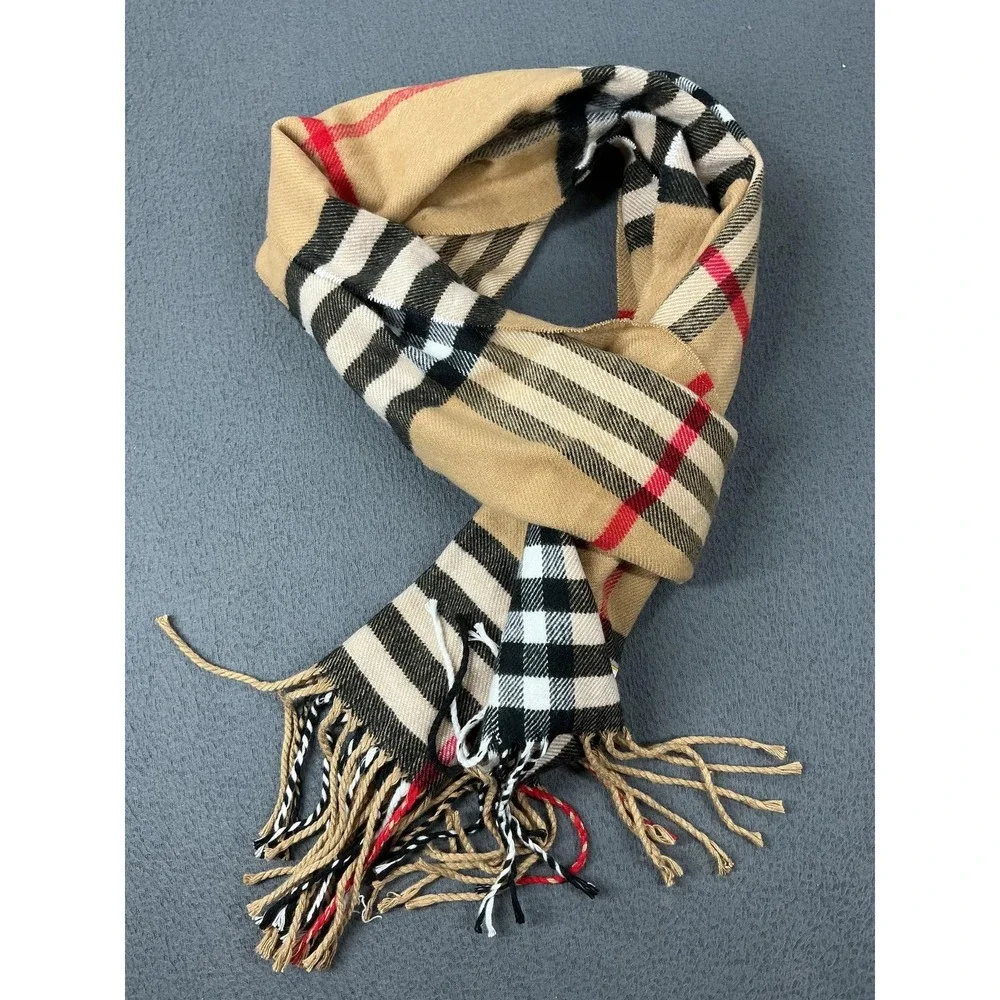 Kennedy Scotland Scarf Womens Beige Cashmere Plaid Rectangle Fringe Neck Warmer